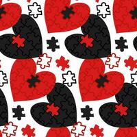 Seamless pattern with a heart-shaped puzzle and colored missing parts. Red black white colors. Valentine's Day. Collect, search, build. Matching puzzles. Love, build relationships, pick up vector