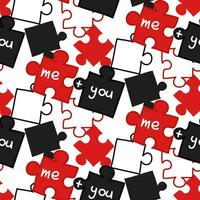 A pattern with colored puzzle elements with the words me you. Red, black, white colors. valentine's day. Collect, search, build. Matching puzzles are scattered randomly vector