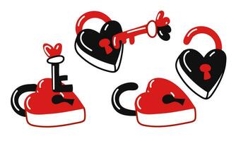 A set of padlocks in the form of hearts for Valentine's Day. Doodle of a love symbol on a white. Cute closed and open locks in the form of hearts with keys. Vector illustration of a Valentine card