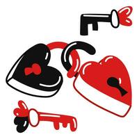 A set of padlocks in the form of hearts for Valentine's Day. Drawing of the symbol of love on a white background. Two interlocked locks in the form of hearts and the keys to them. Vector illustration