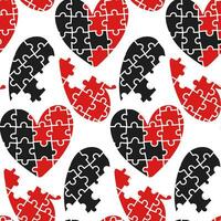 Seamless pattern with heart-shaped puzzle halves and colored missing parts. Red black white colors. Valentine's Day. Collect, search, build. Matching puzzles. Love, build relationships, pick up vector