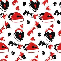 Seamless pattern of heart-shaped locks and keys. A flat doodle illustration for Valentine's Day. Closed locks with keys in red and black colors on a white background. Gift wrapping vector