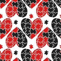 Abstract background with heart-shaped puzzle halves, with colored elements. Red black white colors. Valentine's Day. Collect, search, build. Matching puzzles. Love, build relationships, pick up vector