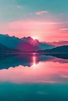 AI generated a breathtaking sunset illuminating a tranquil lake, casting reflections of the majestic mountains and vibrant skies. The overall mood of the image is peaceful and serene. photo