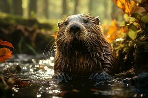 AI generated Close-up of a wet otter amidst nature, eyes glistening, surrounded by lush greenery with sunlight piercing through the leaves. photo