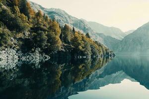 AI generated a pristine lake surrounded by majestic mountains. The water in the lake is calm and clear, reflecting the surrounding landscape perfectly. photo