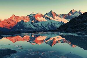 ai generado un asombroso ver de nevadas montañas durante puesta de sol. el montañas son iluminado por el calentar resplandor de el ajuste Dom foto