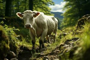 AI generated A white cow stands on a rocky path amidst a lush green forest under the bright sun, mountains in distance. photo