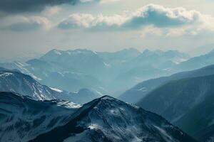 AI generated A breathtaking view of snow-capped mountains under a cloudy sky, showcasing nature's majestic beauty. photo