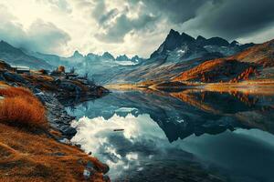 ai generado un sereno paisaje presentando un reflexivo lago, majestuoso montañas, otoño follaje y un dramático nublado cielo. foto