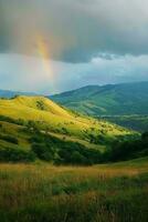 AI generated a serene and picturesque landscape with a vivid rainbow emerging amidst dark clouds over lush, rolling hills. The foreground features tall grasses and wildflowers. photo