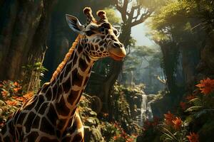 AI generated A majestic giraffe stands in a sunlit forest, surrounded by vibrant greenery and orange flowers, with a serene waterfall in the backdrop. photo