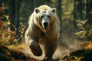 ai generado un majestuoso oso caminando mediante un iluminado por el sol bosque rodeado por lozano verdor y alto arboles el oso delicioso piel es destacado por el Dom rayos foto