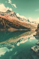 AI generated a serene alpine landscape with a tranquil lake reflecting the majestic snow-capped mountains and autumn-colored trees. The mountains are rugged with visible rock formations photo