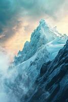 AI generated A majestic mountain peak surrounded by ethereal clouds and illuminated by the soft glow of sunset. photo