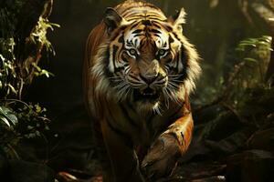 AI generated Majestic tiger moving stealthily in a dense forest. Sunlight highlights its powerful build and striking patterns amidst the dark green foliage. photo