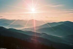 ai generado un asombroso amanecer ilumina un tranquilo, brumoso montaña rango, fundición un etéreo resplandor en el ondulante colinas y valles abajo foto