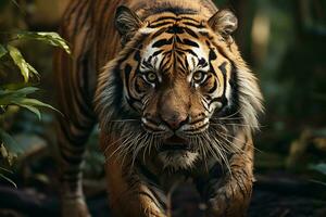 AI generated a majestic photograph of a tiger walking through a forest. The tiger intense gaze is captivating, and its vivid stripes are highlighted by the surrounding lush greenery. photo