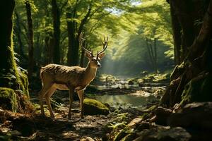 AI generated a deer in a serene forest with sunlight piercing through the trees, creating an ethereal atmosphere. The deer is surrounded by lush greenery photo