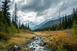AI generated A serene landscape featuring a flowing stream, surrounded by lush greenery and autumnal hues, with majestic mountains and a cloudy sky in the backdrop. photo