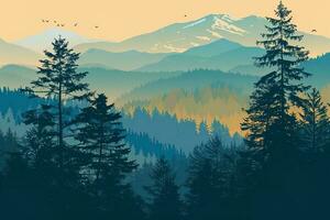 AI generated a mountain backdrop, silhouetted forest, sunset glow and birds in flight. The overall mood of the image is one of tranquility and natural beauty photo