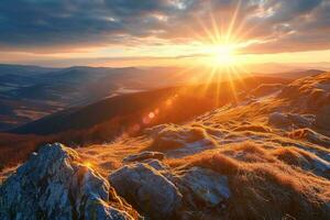 AI generated Breathtaking sunset illuminating rocky landscape, casting golden hues over vast, serene valleys. photo