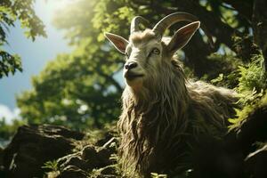 AI generated A majestic wild goat with prominent horns amidst lush greenery and rocks, basking under the bright sunlight. photo