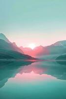 AI generated A breathtaking sunrise illuminates a peaceful mountain landscape, reflecting the vibrant hues on a calm lake's surface. photo
