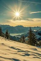 AI generated a sunrise over a snow-covered mountain range. The bright rays of the sun create a starburst effect in the clear sky, while the foreground is dominated by pristine photo