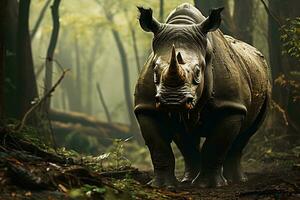 AI generated a solitary rhino amidst a serene, misty forest. The atmosphere is calm yet powerful, showcasing nature grandeur. photo