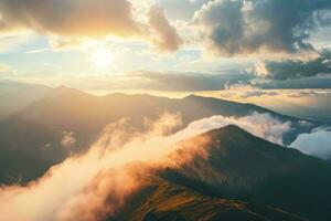 ai generado un montañoso paisaje envuelto en nubes y iluminado por el dorado rayos de el ajuste Dom. el Dom es parcialmente oscurecido por mullido nubes foto