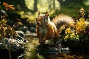 AI generated A vivid image capturing a squirrel in a serene forest, surrounded by lush greenery and a sparkling stream, illuminated by the gentle rays of the sun. photo