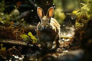 ai generado adorable Conejo en un lozano bosque, rodeado por floreciente flores y cubierto de musgo rocas, toma el sol en el suave luz de sol filtración mediante el arboles foto