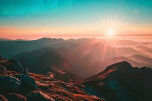 ai generado un asombroso amanecer yesos sus dorado resplandor terminado un escabroso montaña paisaje, destacando el intrincado texturas y elevaciones, encapsulando el temor de naturaleza belleza. foto