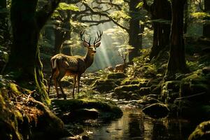 AI generated a majestic deer standing by a serene stream in the middle of a lush green forest. Sunbeams pierce through the dense foliage of the trees, casting an ethereal glow on the scene. photo