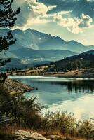 AI generated Breathtaking mountain range backdrop, calm lake forefront. A serene natural landscape with a picturesque cloudscape and pristine waters. photo