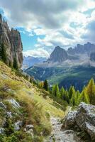 AI generated a scenic mountain path surrounded by lush greenery and towering rocky peaks under a partly cloudy blue sky. The path is flanked by rocks and grass. photo