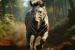 AI generated a dynamic photograph of a zebra in full sprint amidst a serene, sunlit forest. The zebra distinct stripes contrast sharply with the surrounding greenery photo