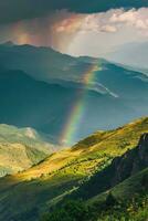AI generated a vivid rainbow amidst mountains and lush greenery under a partly cloudy sky. The mountains have varied elevations and textures, and the foreground features tall grasses photo