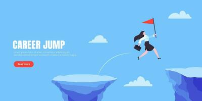 Businesswoman jumps over the abyss across the cliff flat style design vector illustration. Business concept of fearless businesswoman with courage. Risk, goal achievement, work obstacles and success.