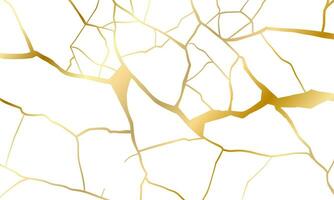 Gold kintsugi repair cracks background texture vector illustration isolated on white background. Broken foil marble pattern with golden dry cracks. Wedding card, cover or print pattern Japanese motif.