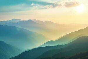 ai generado un asombroso ver de un puesta de sol esclarecedor el brumoso capas de majestuoso montañas, exhibiendo naturaleza sereno y tranquilo belleza. foto