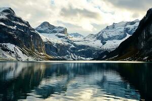 AI generated A tranquil lake mirrors majestic snow-capped mountains under a partly cloudy sky, showcasing nature's grandeur. photo
