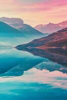 ai generado un sereno paisaje con un lago reflejando vistoso puesta de sol matices en medio de majestuoso montaña rangos el cielo es pintado con vibrante matices de rosa, púrpura, y azul durante puesta de sol o amanecer. foto