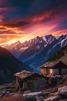 AI generated Breathtaking sunset over snowy mountain peaks with ancient stone huts foreground, vibrant sky colors. photo