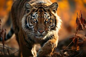 ai generado un majestuoso Tigre caminando en medio de caído otoño hojas, dorado luz de sol destacando sus intenso mirada. el Tigre piel es hermosamente marcado con el icónico negro rayas foto