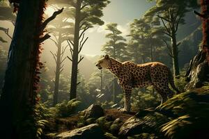 AI generated A majestic cheetah stands amidst a lush forest with towering trees, illuminated by the gentle rays of sunlight, evoking a sense of serenity and natural beauty. photo