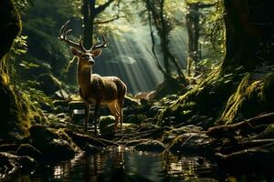 AI generated a majestic deer with intricate antlers standing in a serene forest. The sunlight filtering through the dense trees creates an ethereal atmosphere. photo