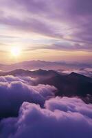 ai generado un asombroso ver de amanecer esclarecedor montañas en medio de un mar de mullido nubes, fundición un etéreo brillo. foto