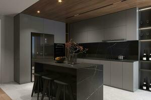 moderno cocina interior, contemporáneo cocina con planificado negro y elegante decoración. foto
